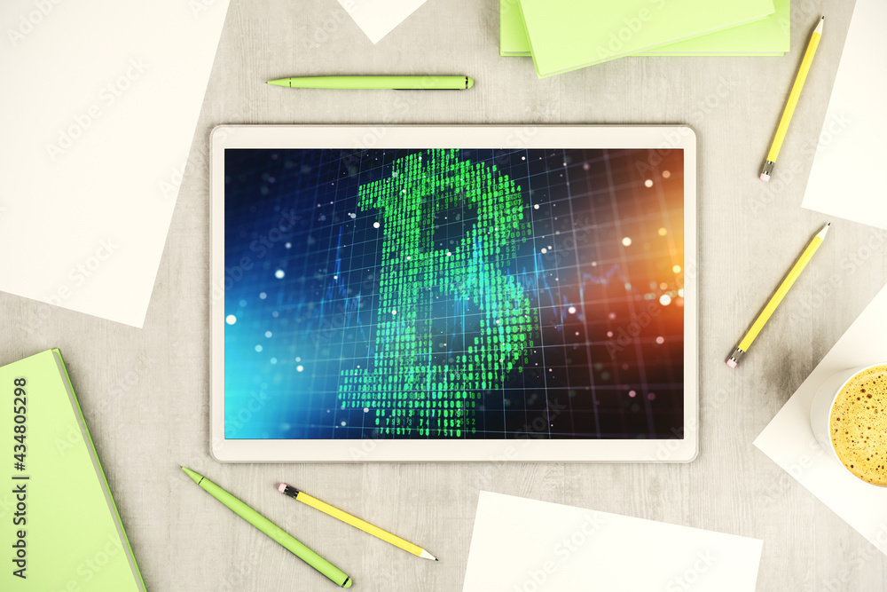 Poster creative bitcoin concept on modern digital tablet display. top view. 3d rendering