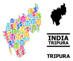 Bright colored bank and business mosaic and solid map of Tripura State. Map of Tripura State vector mosaic for business campaigns and doctrines.