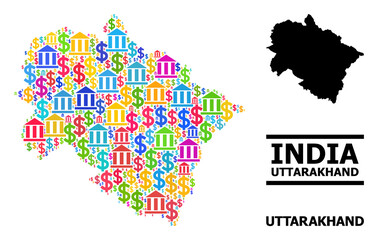 Bright colored bank and commerce mosaic and solid map of Uttarakhand State. Map of Uttarakhand State vector mosaic for geographic campaigns and agitprop.