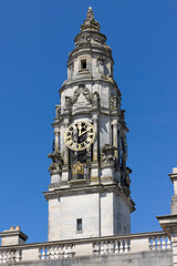 Fototapeta na wymiar The 59m high clock tower of Cardiff City Hall, South Wales, UK