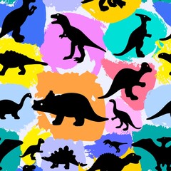 Seamless pattern with silhouettes of dinosaurs and watercolor colorful spots. Preistoric animals. Vector background.