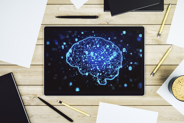 Top view of modern digital tablet screen with creative human brain microcircuit. Future technology and AI concept. 3D Rendering