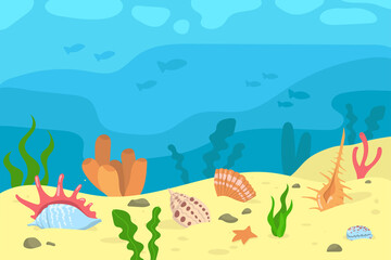 Cartoon illustration of seashells and corals in sand. Seaweed, silhouettes of fish, underwater life, creatures and plants under water surface. Snorkeling, diving, tourism, traveling concept
