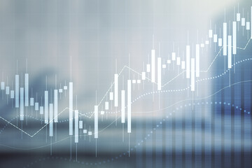 Multi exposure of virtual abstract financial diagram on contemporary business center exterior background, banking and accounting concept