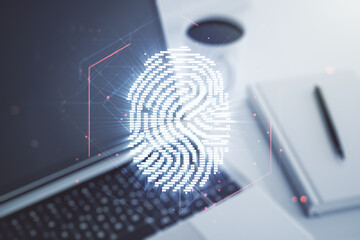 Double exposure of abstract creative fingerprint hologram on laptop background, research and...