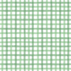 Green watercolor seamless checkered pattern. Vertical and horizontal crossed stripes background. Monochrome backdrop. Rustic tablecloth, traditional checkered texture.