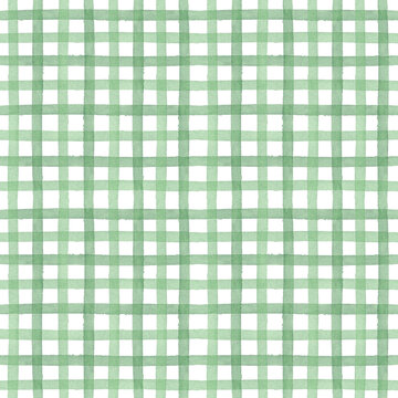Fototapeta Green watercolor seamless checkered pattern. Vertical and horizontal crossed stripes background. Monochrome backdrop. Rustic tablecloth, traditional checkered texture.