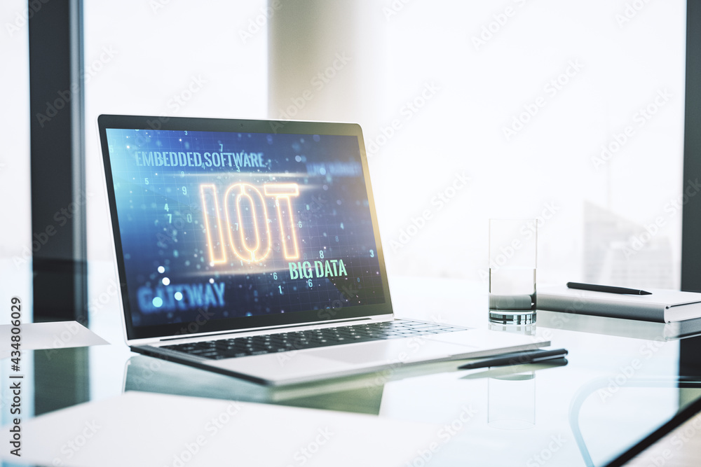 Poster modern computer monitor with creative iot hologram, research and development concept. 3d rendering