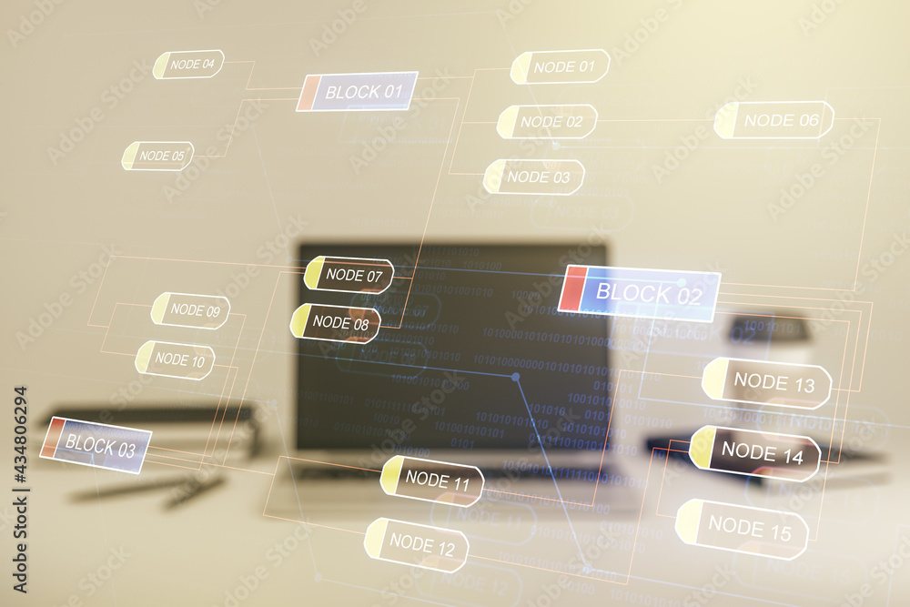 Poster double exposure of abstract programming language on laptop background, research and development conc