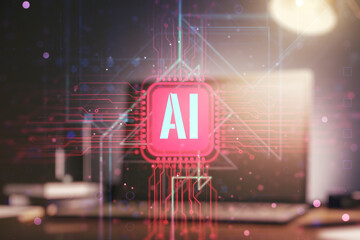 Creative artificial Intelligence symbol concept with modern computer on background. Double exposure