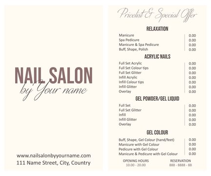 Illustration sticker business card for nail salon by your name with pricelist and special offer, web site and adress,phone number for reservation and open hours