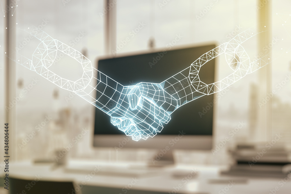 Poster creative abstract block chain technology sketch with handshake on modern laptop background, future t