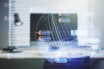 Multi exposure of abstract creative coding sketch with world map on modern laptop background, artificial intelligence and neural networks concept