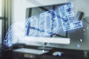 Creative Code word sign on modern computer background, international software development concept. Multiexposure