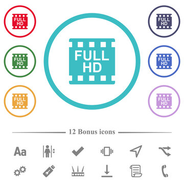 Full HD movie format flat color icons in circle shape outlines