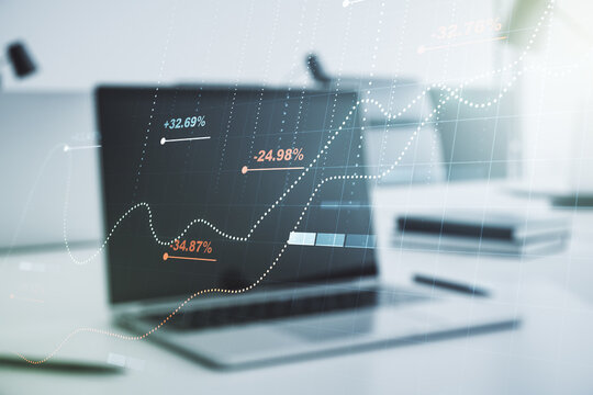 Double exposure of abstract creative statistics data hologram on computer background, analytics and forecasting concept