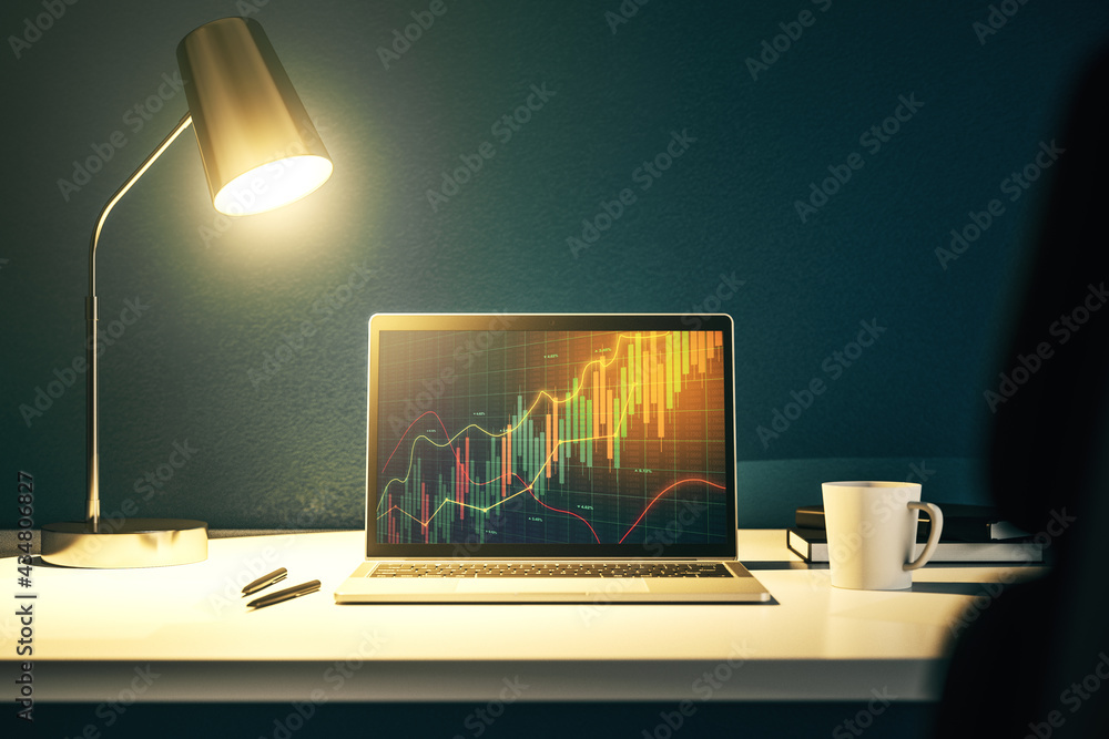 Poster modern computer monitor with abstract creative financial chart, research and strategy concept. 3d re