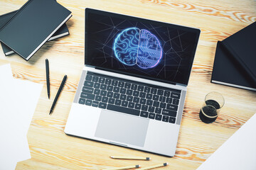 Creative artificial Intelligence concept with human brain hologram on modern laptop screen. 3D Rendering