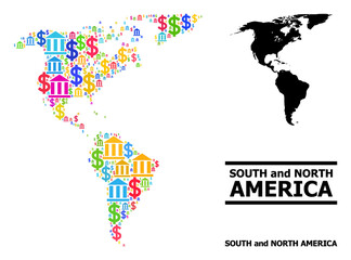 Naklejka premium Bright colored bank and commercial mosaic and solid map of South and North America. Map of South and North America vector mosaic for GDP campaigns and doctrines.
