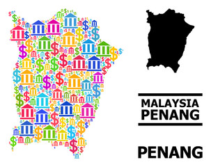 Colored bank and business mosaic and solid map of Penang Island. Map of Penang Island vector mosaic for business campaigns and promotion.