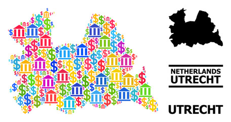 Obraz premium Bright colored banking and money mosaic and solid map of Utrecht Province. Map of Utrecht Province vector mosaic for ads campaigns and promotion.