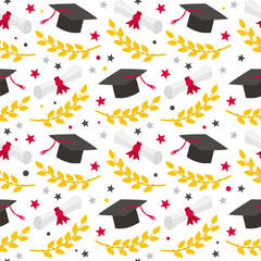 Seamless graduation pattern with doodle style elements. Hand drawn holiday background with scrolls, laurel branches, stars and a graduate cap. Vector illustration.