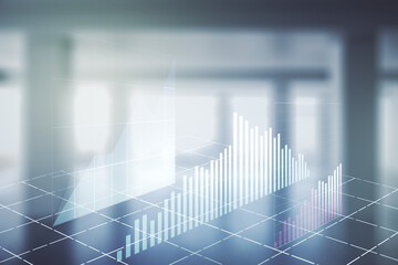 Multi exposure of virtual abstract financial graph interface on modern interior background, financial and trading concept