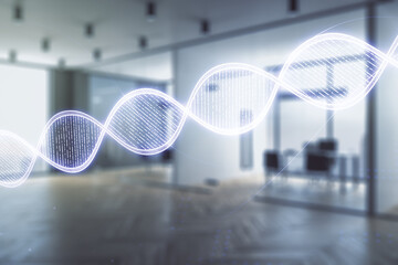 DNA hologram on a modern furnished office interior background, biotechnology and genetic concept. Multiexposure