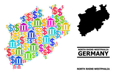 Colored bank and commercial mosaic and solid map of North Rhine-Westphalia State. Map of North Rhine-Westphalia State vector mosaic for advertisement campaigns and agitation.