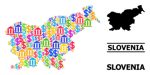 Bright colored bank and money mosaic and solid map of Slovenia. Map of Slovenia vector mosaic for geographic campaigns and promotion. Map of Slovenia is designed with colored dollar and bank icons.