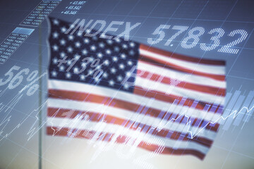 Double exposure of virtual creative financial diagram on US flag and blue sky background, banking and accounting concept