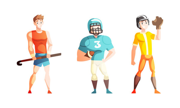 Professional Athletes Doing Sports Set, Male Golfer, American Football, Baseball Players Cartoon Vector Illustration