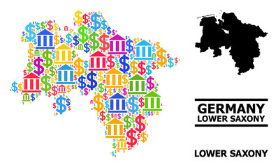 Colored bank and money mosaic and solid map of Lower Saxony State. Map of Lower Saxony State vector mosaic for GDP campaigns and promotion.