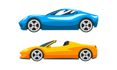 Set of Sport Cars, Side View of Racing Cars Flat Vector Illustration