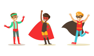Set of Happy Boys and Girls in Superhero Costumes, Super Kids Having Fun at Masquerade Party Cartoon Vector Illustration