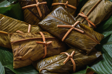 cacerola de tamales recién preparados cubiertos con hoja verde de mashán o maxán