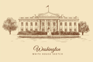 Sketch of the White House in Washington, USA, hand-drawn.