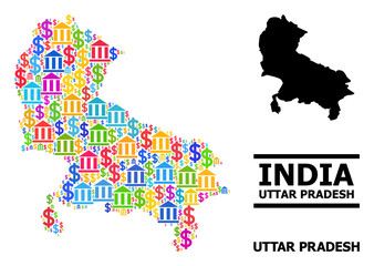 Bright colored bank and dollar mosaic and solid map of Uttar Pradesh State. Map of Uttar Pradesh State vector mosaic for ads campaigns and applications.