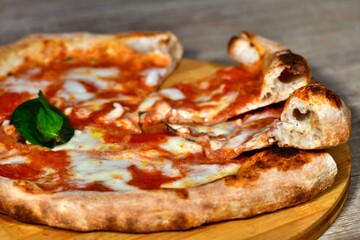 Close-up view of a neapolitan margherita pizza slices with buffalo mozzarella, tomato sauce and basil  on wooden background