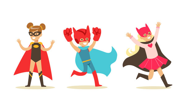 Set of Boys and Girls Dressed Superhero Costumes, Super Kids Characters Wearing Capes and Mask Cartoon Vector Illustration