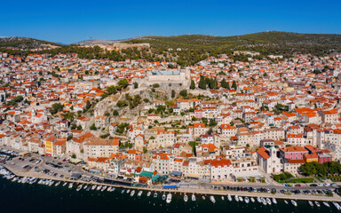 Aerial view of the city of Sibenik in the summer morning, Croatia, august 2020