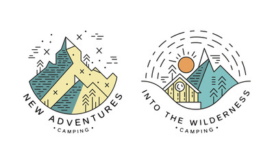 New Adventure Logo Design Set, Into the Wilderness Camping Badges or Labels Cartoon Vector Illustration