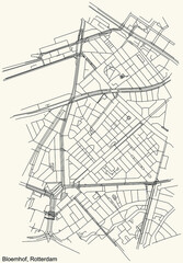 Black simple detailed street roads map on vintage beige background of the Bloemhof quarter neighbourhood of Rotterdam, Netherlands