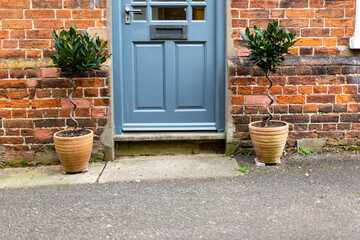 Close up of a wooden blue front door on a town house with 2 potted plants either side. Home, first timer buyer, new house concept - obrazy, fototapety, plakaty