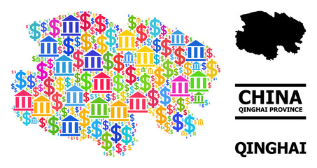 Fototapeta premium Multicolored bank and dollar mosaic and solid map of Qinghai Province. Map of Qinghai Province vector mosaic for promotion campaigns and projects.