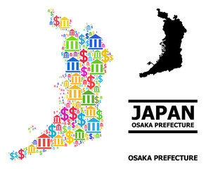 Obraz premium Colored financial and dollar mosaic and solid map of Osaka Prefecture. Map of Osaka Prefecture vector mosaic for GDP campaigns and posters.
