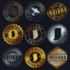 Indiana, USA Business Metal Stamps. Gold Made In Product Seal. National Logo Icon. Symbol Design Insignia Country.