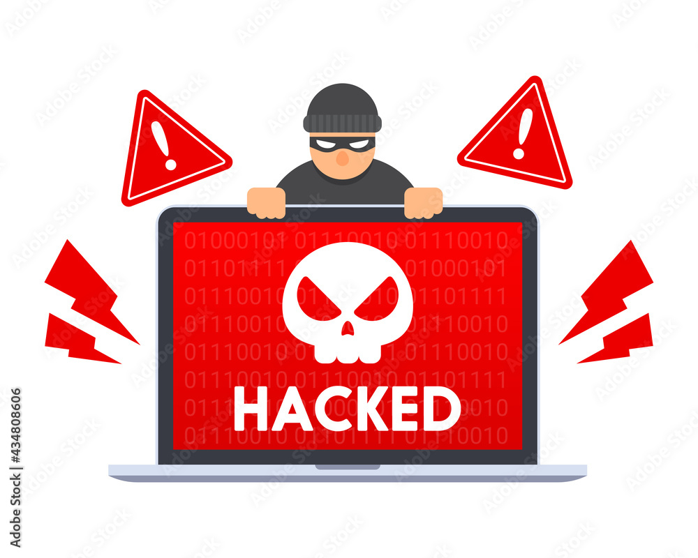 Poster computer laptop with skull icon and hacked message on screen. creative security concept of hacking o