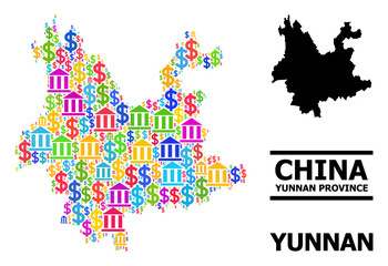 Vibrant banking and business mosaic and solid map of Yunnan Province. Map of Yunnan Province vector mosaic for promotion campaigns and promotion.