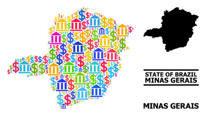 Fototapeta premium Multicolored bank and money mosaic and solid map of Minas Gerais State. Map of Minas Gerais State vector mosaic for promotion campaigns and promotion.